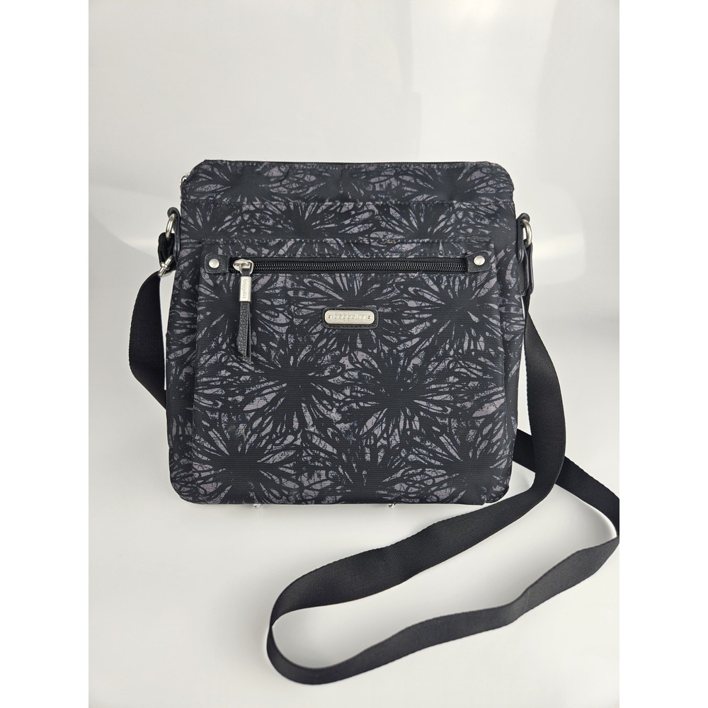 Baggallini Go Bagg Black Gray‎ Floral Adjustable Crossbody Bag Purse Silver